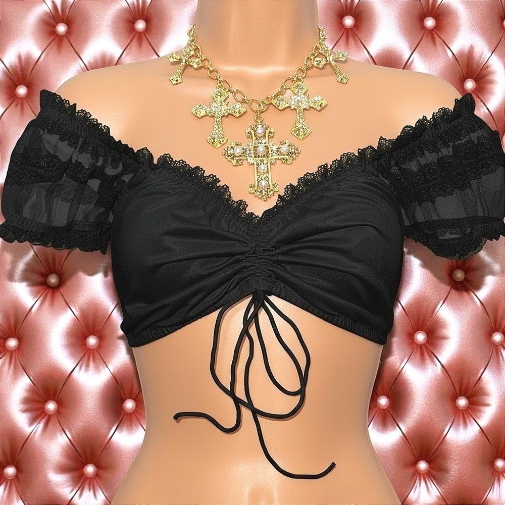 Black‎ Medium Ruched Off Shoulder Lace Trim Crop Top Dirndl Blouse Oktoberfest